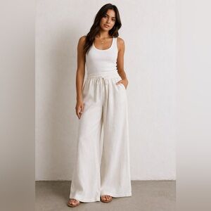 Versona White Linen Blend Wide Leg Pants Elastic Waist Drawstring Medium summer